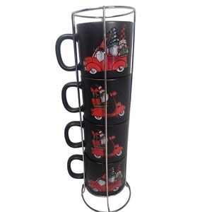 Peppermint & Pine Christmas Gnome Stacking Mug Set with Rack Black Red Truck 4pc